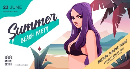 Wall Mural - Summer party poster or flyer design template with sexy female on the beach. Party invitation. Modern style. Vector illustration