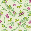 © Natalia - Olives seamless pattern with olive branches and fruits for Italian cuisine design or extra virgin oil food or cosmetic product packaging wrapper. Hand drawn. Watercolor.