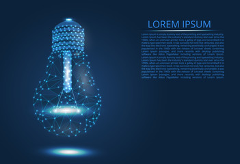 Poster - abstract image of a light bulb of lines and triangles, dots, connecting the network on a blue backgr
