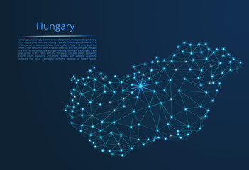 Aufkleber - Hungary communication network map. Vector low poly image of a global map with lights in the form of cities in or population density consisting of points and shapes in the form of stars and space.