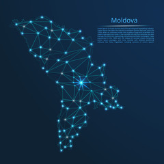 Aufkleber - Moldova communication network map. Vector low poly image of a global map with lights in the form of cities in or population density consisting of points and shapes in the form of stars and space.