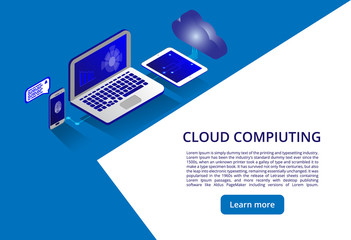Poster - Isometric modern cloud technology and networking concept. Web cloud technology business. Cloud computing online storage low poly. Polygonal future modern internet business technology.