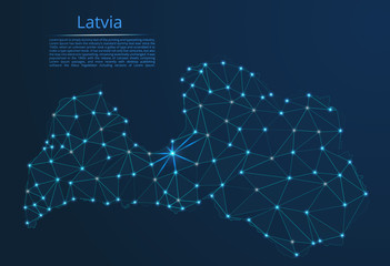 Aufkleber - Latvia communication network map. Vector low poly image of a global map with lights in the form of cities in or population density consisting of points and shapes in the form of stars and space.