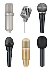 Sticker - Microphones realistic. Professional media music studio equipment metal sound mic vector pictures. Illustration of mic and microphone for karaoke or media