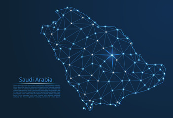 Poster - Saudi Arabia communication network map. Vector low poly image of a global map with lights in the form of cities in or population density consisting of points and shapes in the form of stars and space.
