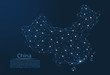 China communication network map. Vector low poly image of a global map with lights in the form of cities in or population density consisting of points and shapes in the form of stars and space.