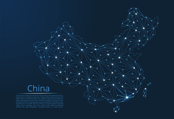 Poster - China communication network map. Vector low poly image of a global map with lights in the form of cities in or population density consisting of points and shapes in the form of stars and space.