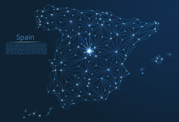 Poster - Spain communication network map. Vector low poly image of a global map with lights in the form of cities in or population density consisting of points and shapes in the form of stars and space.