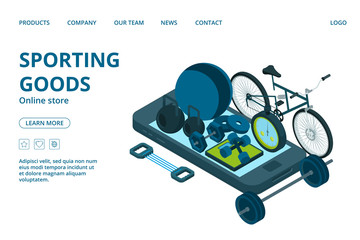 Poster - sporting goods online store landing page template. vector isometric sport equipment. illustration of