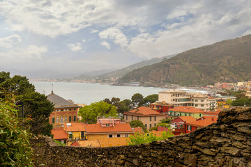 Wall Mural - Elevated view of the sea town of Sestri Levante, leaned out on the Bay of Fairy Tales, named in honor of Danish writer Hans Christian Andersen, who lived here in 1833, Genoa, Liguria, Italy