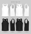 Men's white and black tank top template in three dimensions: front, side and back view. Blank of realistic male sport shirts