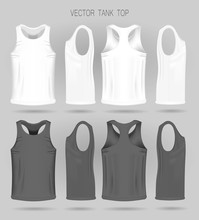 Men's White And Gray Tank Top Template In Three Dimensions: Front, Side And Back View. Blank Of Realistic Male Sport Shirts