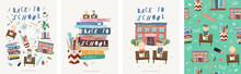 Back To School! Cute Vector Illustrations For A Poster, Banner Or Card With Objects: School, Schoolchildren At Their Desks, Stationery, Books, Children, Pen, Ruler, Marker, Eraser And Seamless Pattern