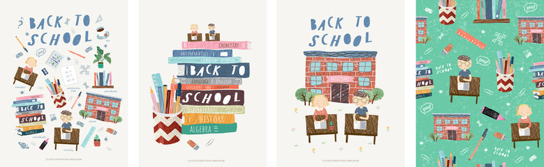 back to school! cute vector illustrations for a poster, banner or card with objects: school, schoolc
