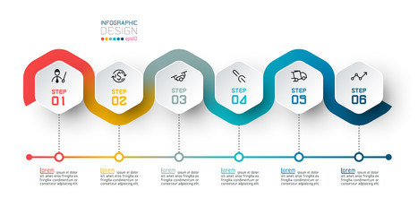 Hexagon label with color line linked infographics.