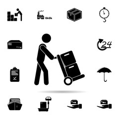 Poster - man with a cart for boxes icon. Universal set of logistic for website design and development, app development