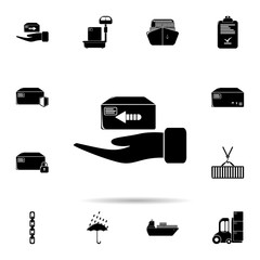 Poster - the hand delivers the box icon. Universal set of logistic for website design and development, app development