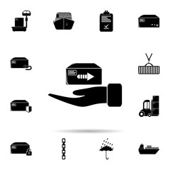 Poster - the hand takes the parcel icon. Universal set of logistic for website design and development, app development