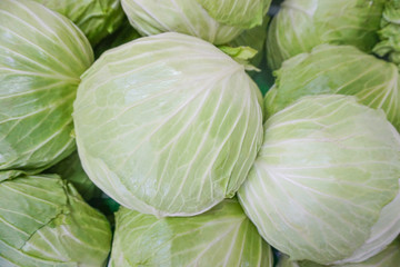 Pile green cabbages organic vegetable at vegetable market,healthy food high fiber for vegetarian food.