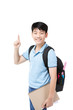 Cute asian child with school stationery on white background .