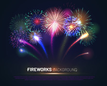 Brightly Colorful Fireworks On Twilight Background With Free Space For Text. Realistic Fireworks Explosion And Shining Sparks. Pyrotechnics Show Vector Illustration. Celebration And Anniversary Symbol