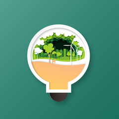 Poster - Green eco city and forest nature landscape in light bulb paper art style.Ecology and environment conservation concept vector illustration