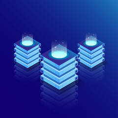 Poster - Isometric server room and big data processing concept, datacenter and data base icon. Computation of big data center, information processing.
