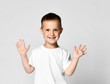 © FAB.1 - Little cute boy preschooler 4 years old in a white T-shirt and gray pants on a light background, happily looking into the camera