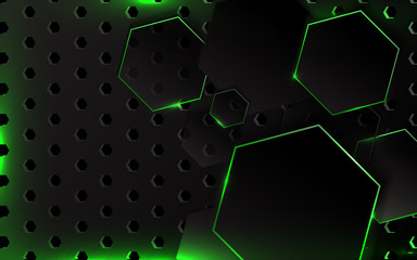 Fototapete - Abstract 3d metallic technology background with neon light green glowing a combination hexagon pattern composition. Modern dark cover vector template design for use wallpaper, frame, element banner