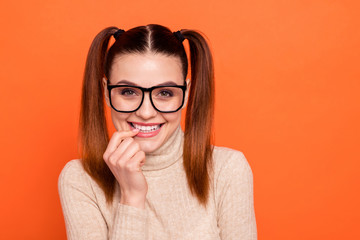 Sticker - Close up photo cute nice youth millennial thoughtful crazy trendy lady university ponder minded free time rest relax weekend specs trendy stylish interested turtleneck enjoy isolated orange background