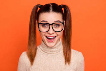 Wall Mural - Close up photo cute youth high school lady impressed crazy foolish astonished incredible news laugh scream free time weekend stylish trendy woolen modern turtleneck isolated colorful orange background