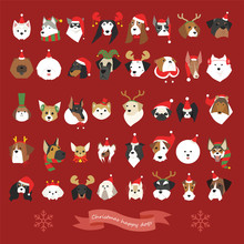 A Set Of Many Dog Faces Wearing Christmas Costumes. Flat Design Style Minimal Vector Illustration.