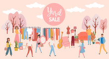 Yard Sale Poster With People Selling And Shopping At Walking Street, Vintage Furniture, Clothes And Accessories Shop, Cartoon Flat Design. Editable Vector Illustration
