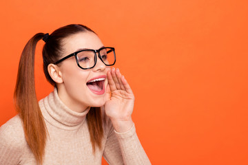 Sticker - Portrait positive cheerful hipster enjoy rejoice advertise voice share private news information scream shout ponytail trendy stylish beautiful turtleneck eyewear eyeglasses isolated orange background