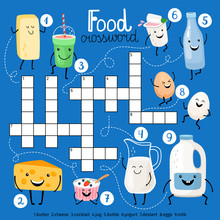 Food Crossword With Milk, Eggs And Diary Products Characters, Vector Illustration