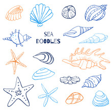 Collection Of Sea Marine Ink Doodles On White Backdrop. Stock Set. Cute Marine Icons. Can Be Used For Printed Materials. Vacation Holiday Background. Hand Drawn Design Elements. Festive Card.