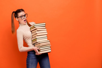 Poster - Close up side profile photo beautiful funny she her lady yelling oh no open mouth hold arms hands many books prepare examination wear casual pastel pullover clothes isolated orange background