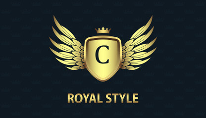 Stylish gold shield with wings, crown and initial letter C isolated on colorful background. Luxury 3D logo business vector template. Modern design logotype, emblem, monogram or symbol for company