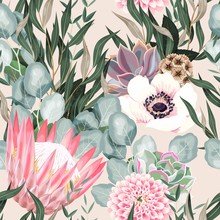 Vector Seamless Pattern With Protea And Greenery