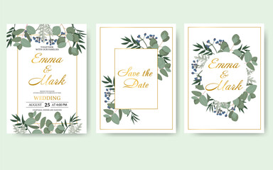 Wedding floral invitation card save the date design with green leaf herbs eucalyptus frame. Botanical elegant decorative vector template