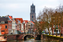 View Of Old Town With Dom Tower In Utrecht, Netherlands During The Cloudy Day