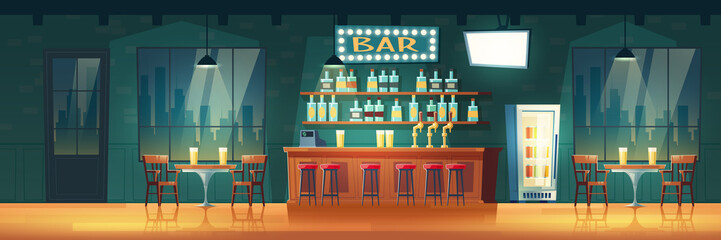 Empty city bar or pub at evening cartoon vector retro interior. Stools row near bar counter, shelves with alcohol bottles, glowing signboard, cool beverages in fridge, tables and chairs illustration