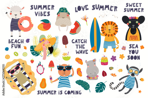 Big summer set with cute animals, quotes, fruits, drinks, pool floats. Isolat...