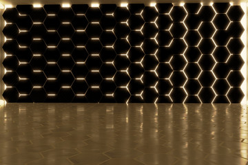 Fototapete - 3d rendering of abstract background with golden light and stacked hexagon blocks