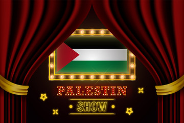 Show time board for performance, cinema, entertainment, roulette, poker of Palestine country event. Shining light bulbs vintage of Palestine country name