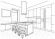 Abstract linear architectural sketch interior modern kitchen with island