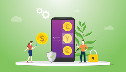 Poster - currency exchange money concept with mobile smartphone apps with options business technology investment - vector