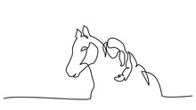 One Line Drawing. Girl Lying A Horse