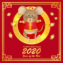 Cute Cartoon Rat In Chinese Traditional Costume Jumping With Joy, Chinese New Year 2020, Vector