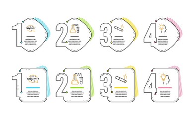Poster - Smoking, Creativity and Chemistry lab icons simple set. Idea sign. Cigarette, Inspiration, Medical laboratory. Professional job. Business set. Infographic timeline. Line smoking icon. Vector